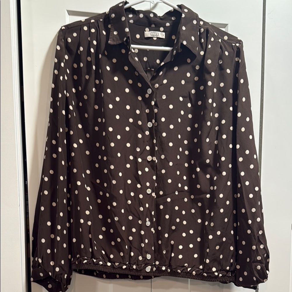 AYR Brown polka dot Button Down Shirt with Notched Collar, elastic at waist